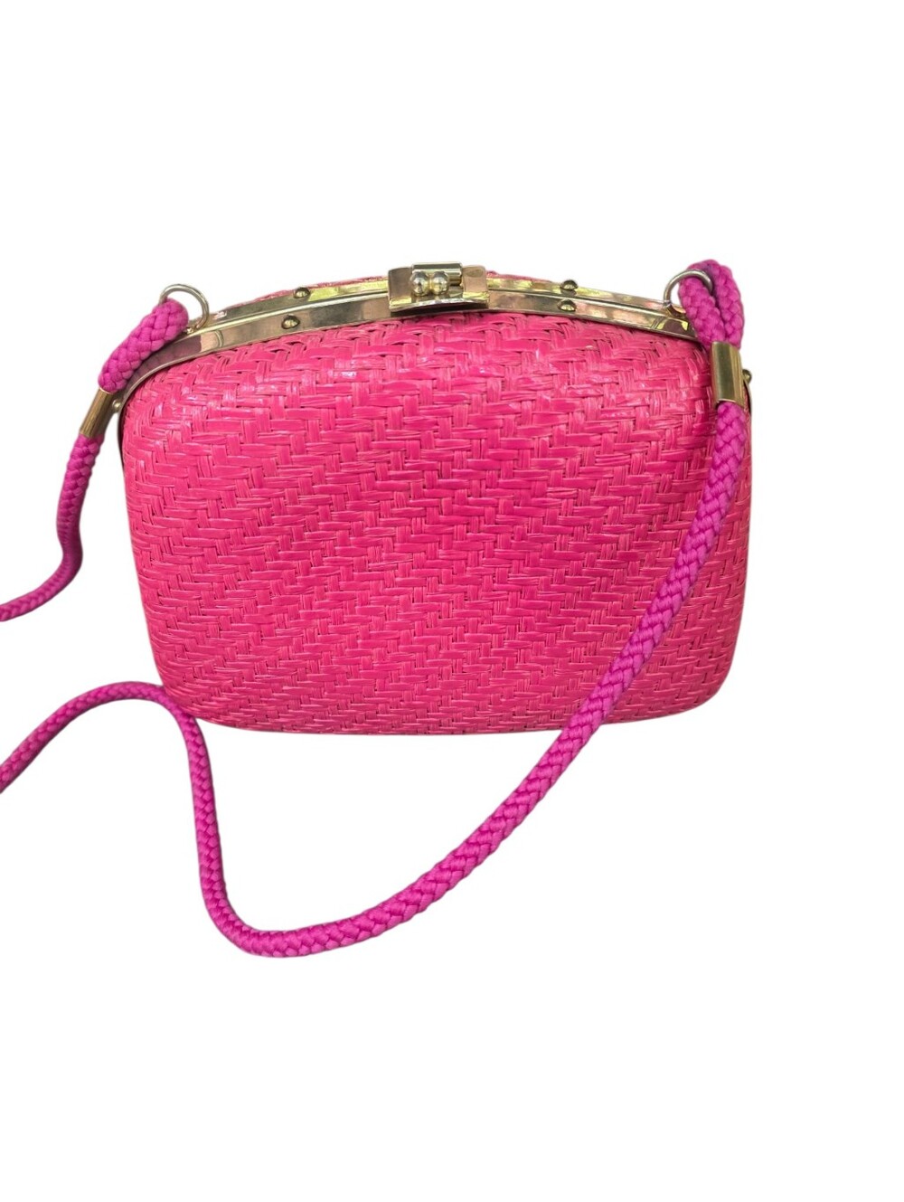 Italy Vintage Bright Pink Woven Crossbody Bag with Gold Trim
